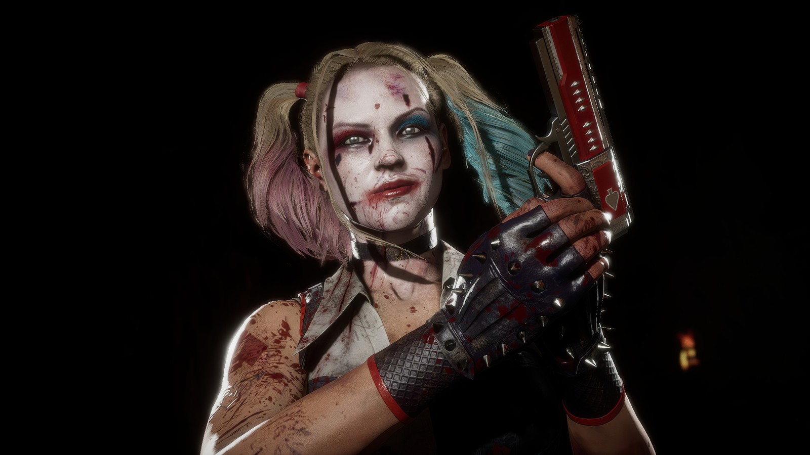 Gros plan d'une personne tenant un couteau (harley quinn, cassie cage, mortal kombat 11, mk11, jeu vidéo)