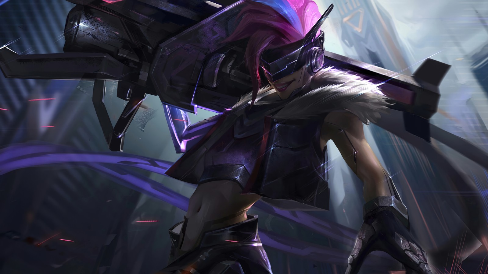 A close up of a person holding a large object in a dark room (project, jinx, lol, league of legends, video game)