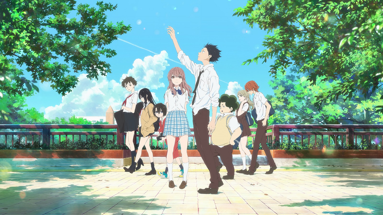 Un grupo de personas de pie en un parque con árboles al fondo (una voz silenciosa, serie de anime, shoya ishida, shouko nishimiya, koe no katachi)