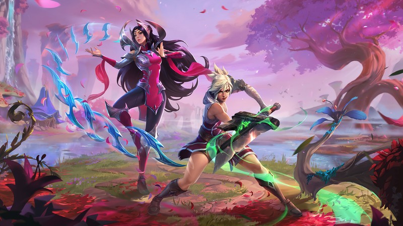 Две женщины в лесу с деревьями и цветами (irelia, riven, lol, дикий разлом, wild rift)