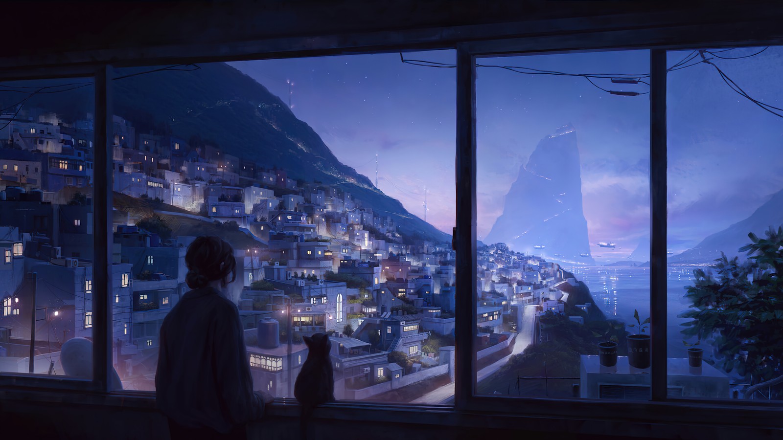 Anime, ein mann und eine katze, die aus einem fenster auf eine stadt schauen (anime mädchen, gato, kunst, nacht, landschaft)