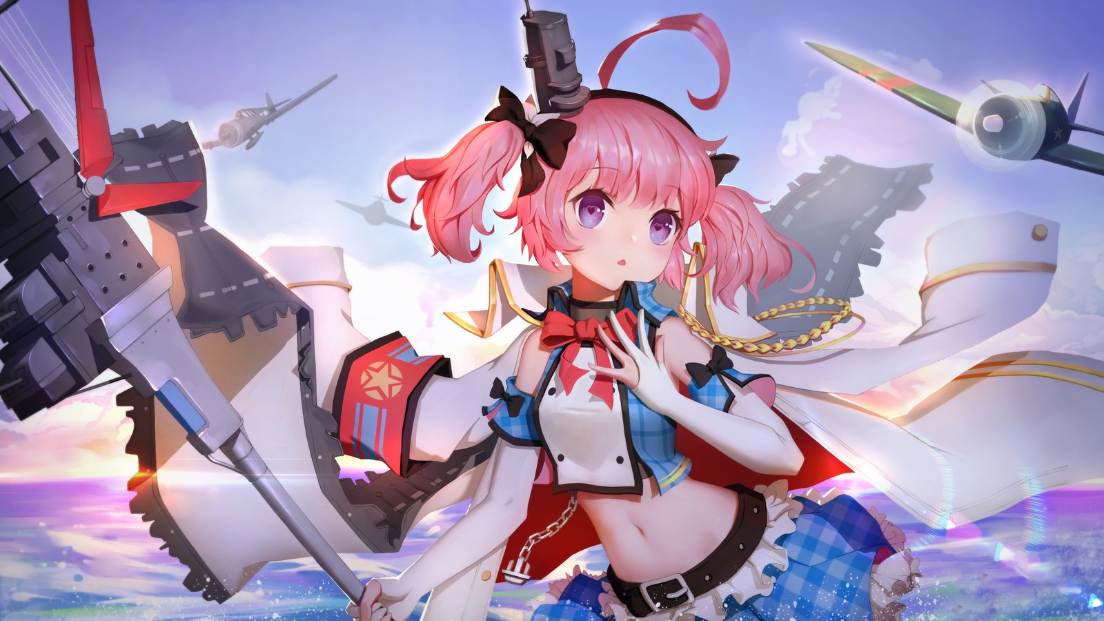 Una mujer con peluca rosa y vestido azul sosteniendo una espada (niñas de anime, azur lane, videojuego, saratoga, anime)