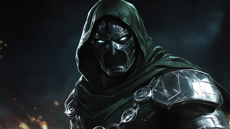 Мужчина в капюшоне и худи стоит перед огнем (доктор зловещий, doctor doom, marvel, комиксы, суперзлодей)