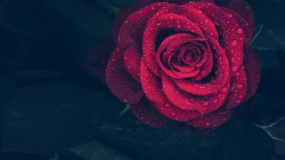 Rosa roja vibrante con gotas de lluvia en un entorno de jardín