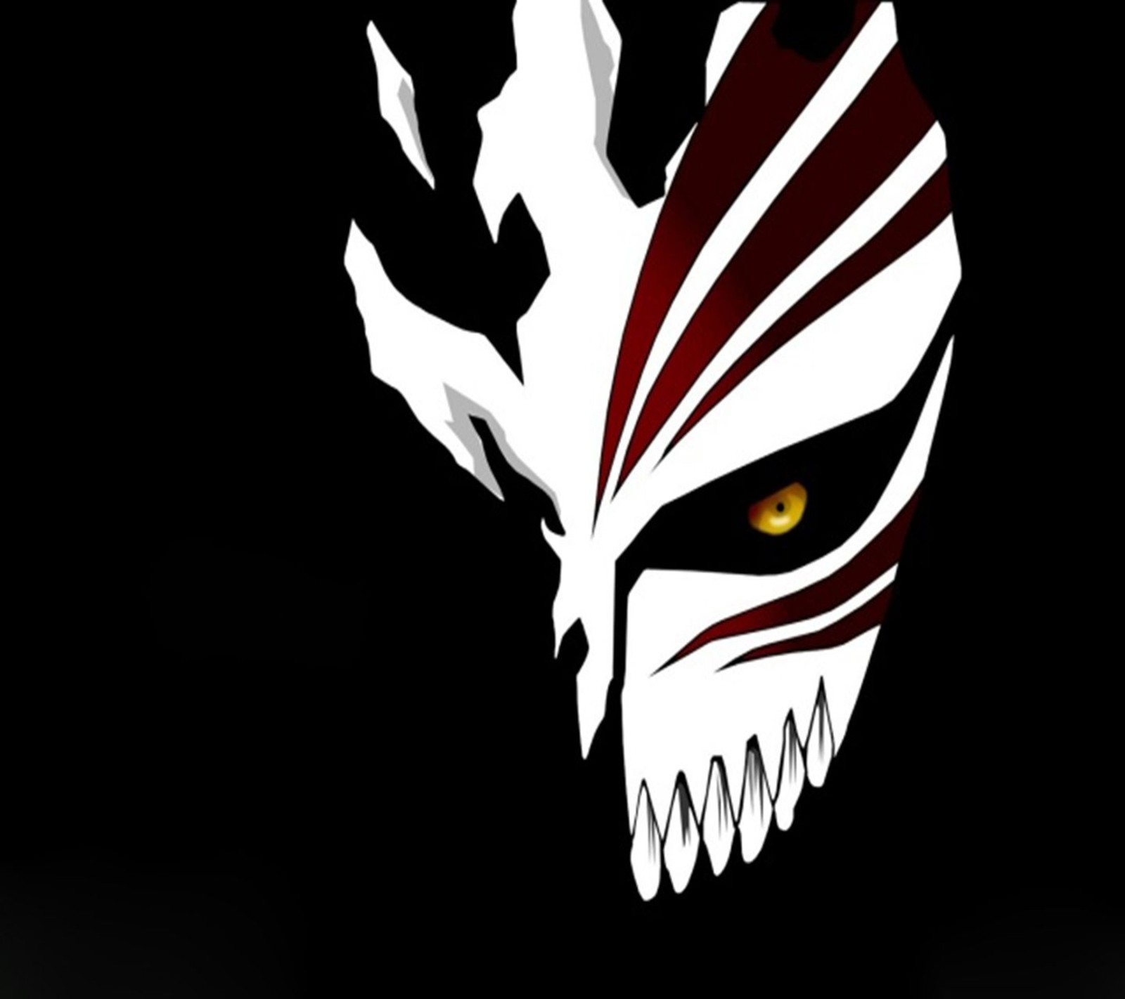 A close up of a white and red mask with yellow eyes (bleach, cartoon, cool, drawing, entertainment)