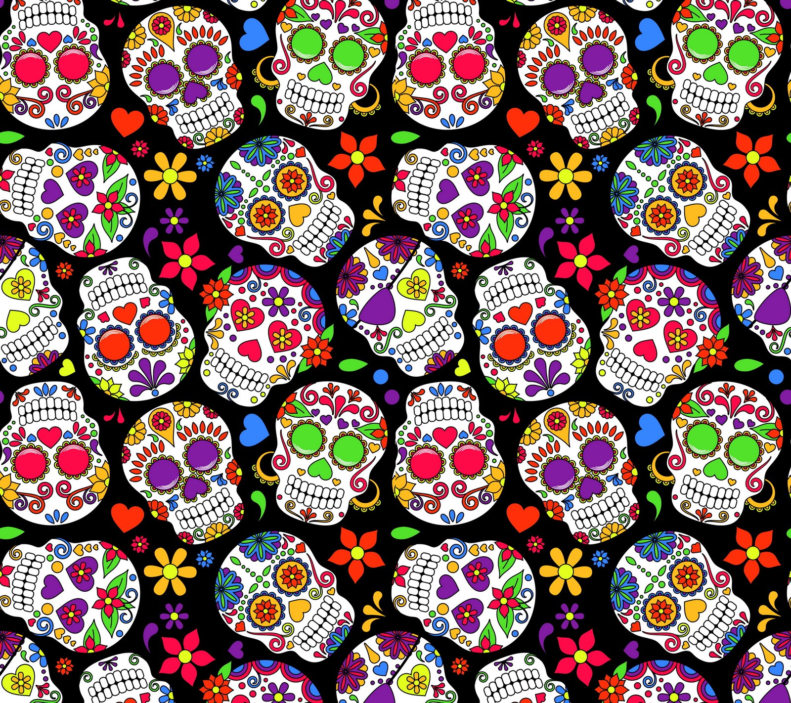 Primer plano de un patrón de calaveras con flores sobre ellas (abstracto, arte, colorido, flores, calaveras)