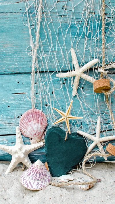 Trésors côtiers : coquillages et étoiles de mer sur du bois bleu vieilli