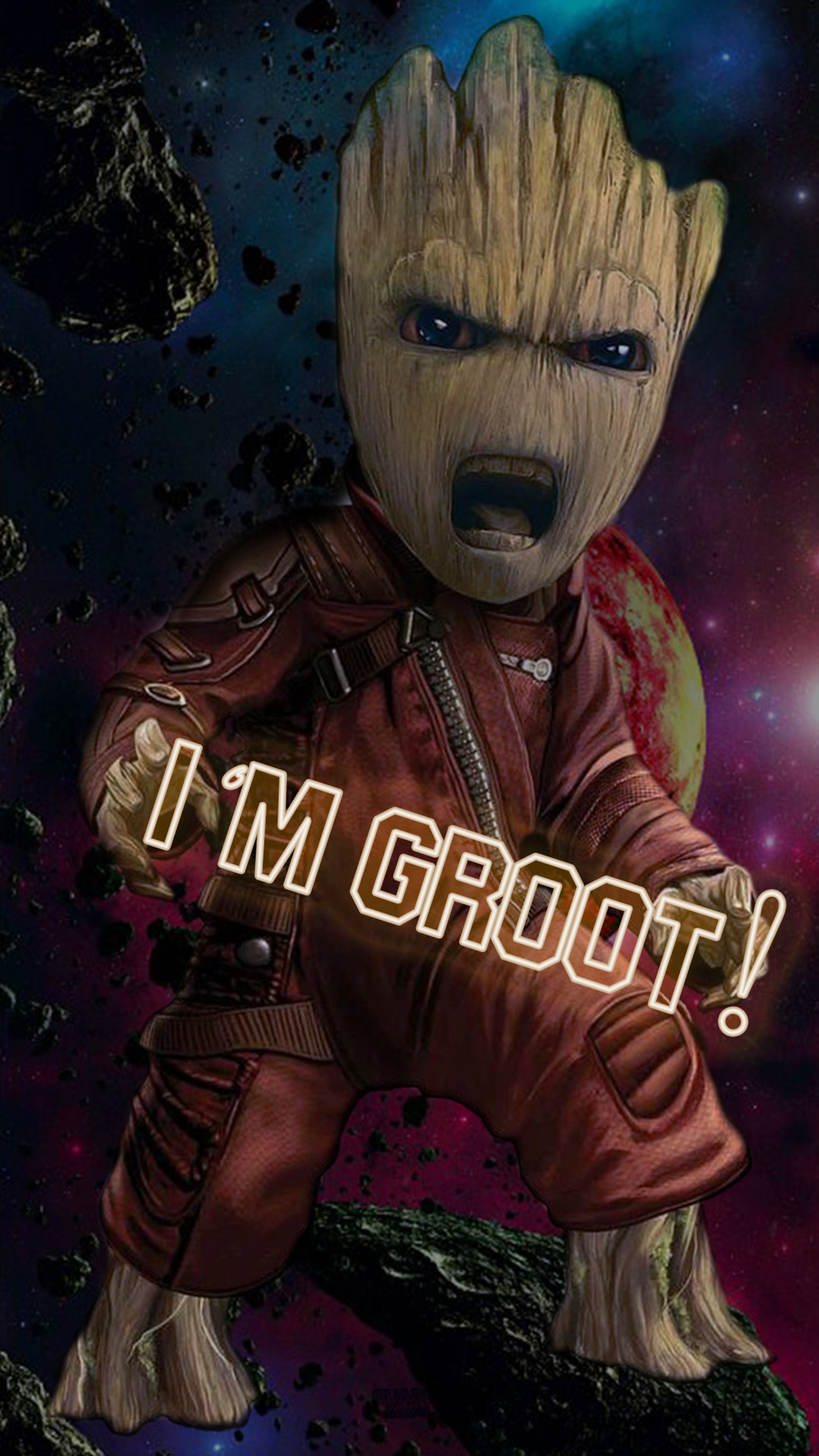 Um close de um grooter com uma mensagem nele (galáxia, groot, guardiões, eu sou groot, i am groot)