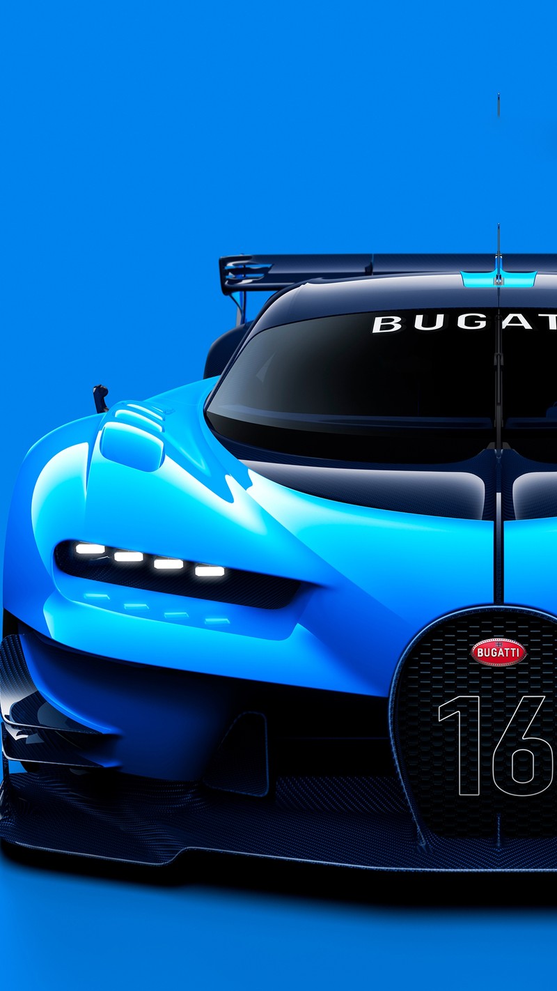 Крупный план синего автомобиля bugatti на синем фоне (авто, машина, хирон, chiron, концепт)