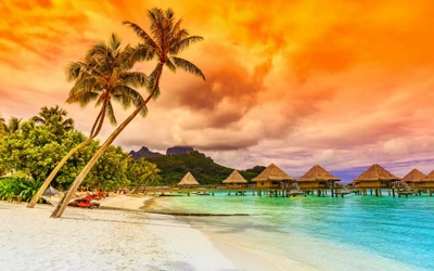 Tropical Paradise at Sunset with Palm Trees and Overwater Bungalows