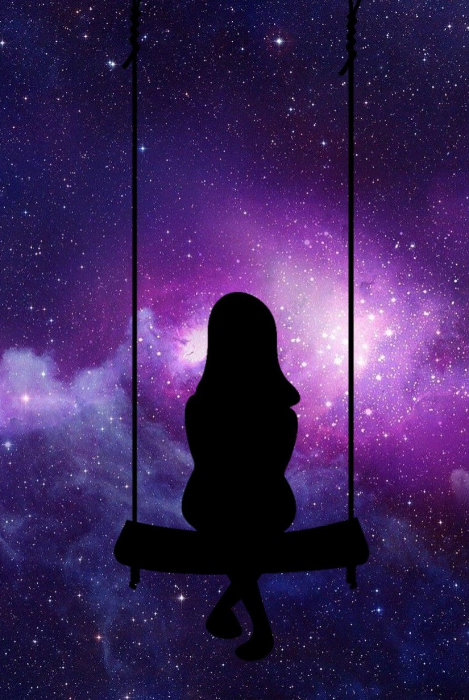 Silhouette d'une fille assise sur une balançoire dans le ciel (galaxie, fille, balançoire, amour, chaise)