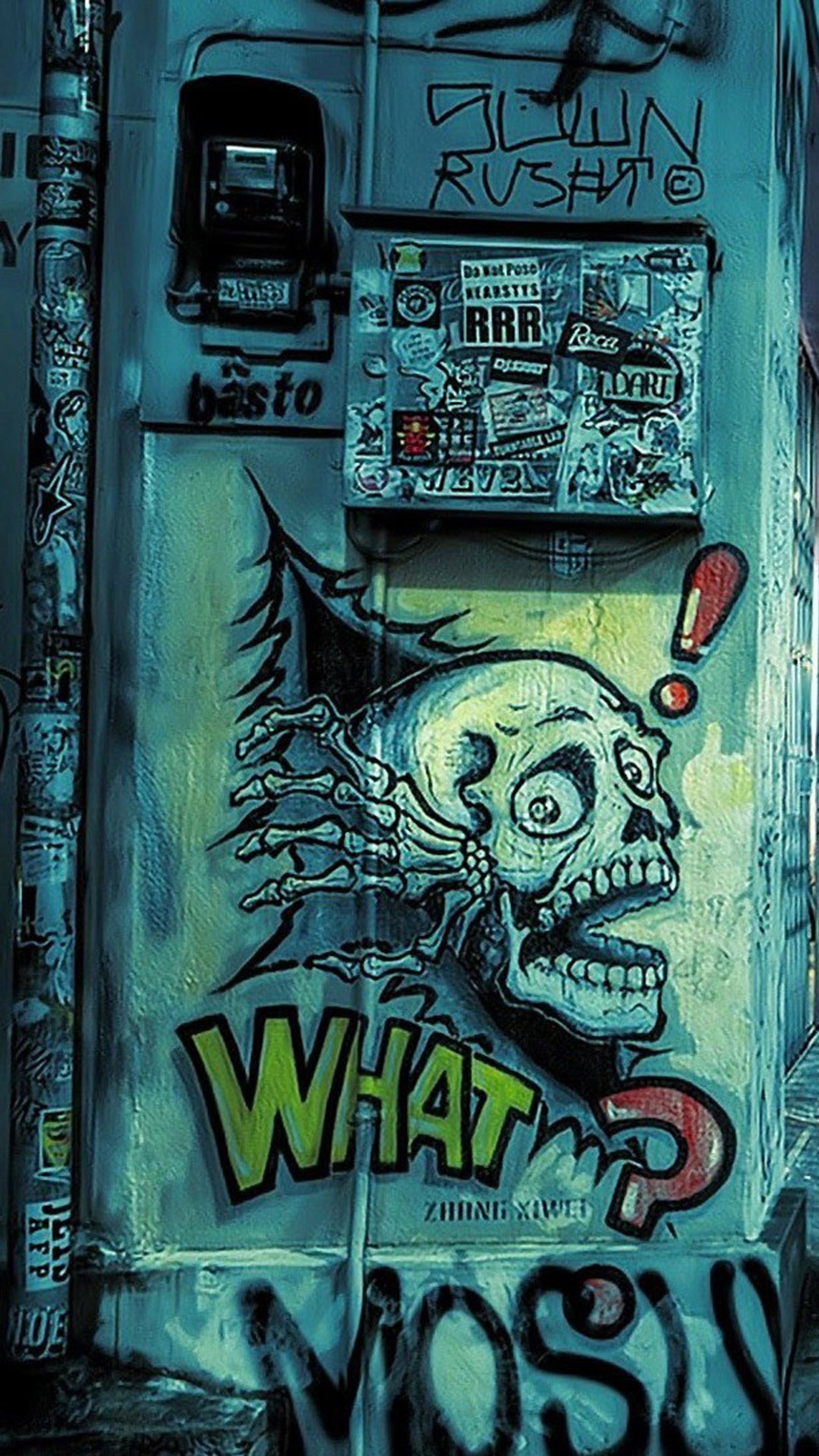 Graffiti on a wall with a phone and a graffiti covered door (alternative, attitude, design, different, graffiti)