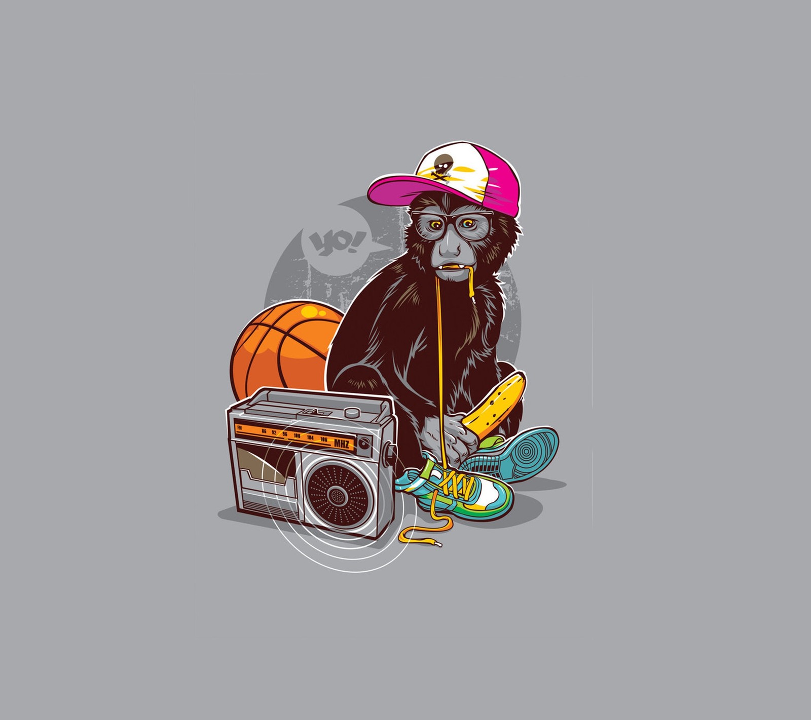 A close up of a monkey with a boombox and a banana (max, monkey)