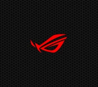 Red ROG logo on a dark, hexagonal patterned background.