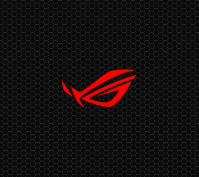 Logo ROG rouge sur un fond sombre à motif hexagonal.