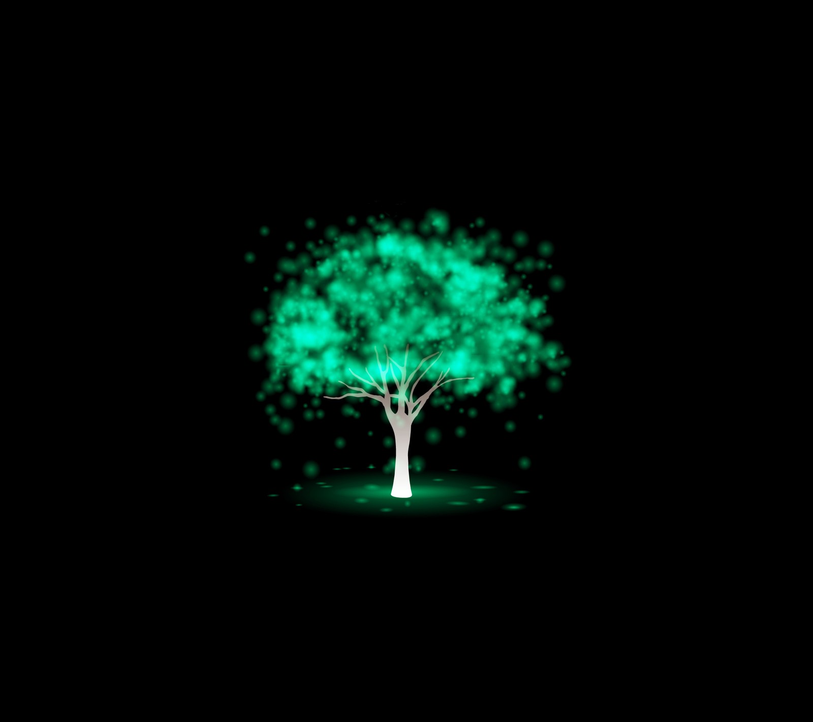 A close up of a tree with green lights on it (abstract, background, dark, landscape, nature)