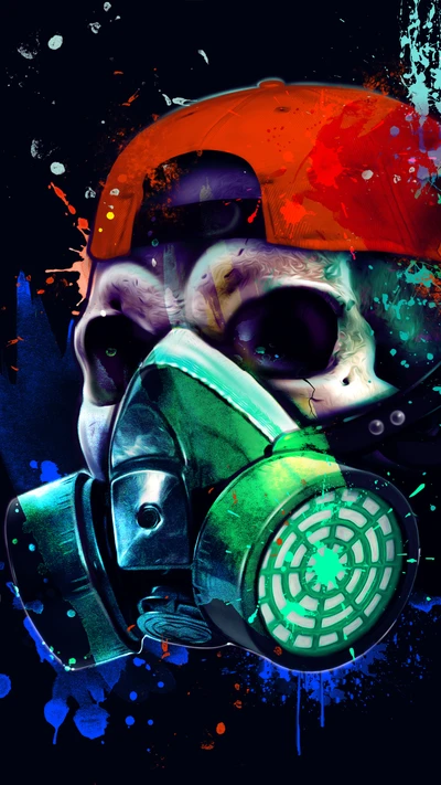 Neon Skull with Gas Mask and Vibrant Splatter Art