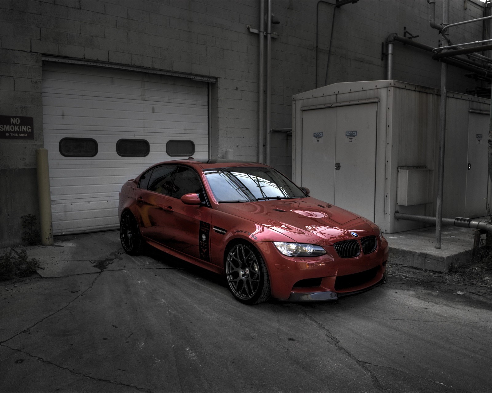 Arafed red bmw car parked in front of a garage (bmw, cargalaxy, cars, dark, hd)