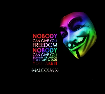 Masque coloré de V pour Vendetta avec une citation de Malcolm X sur fond noir