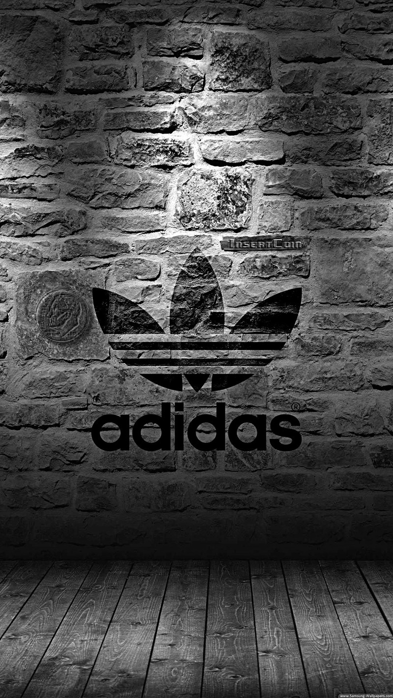 Логотип adidas на кирпичной стене в комнате (абстракция, чёрный, спорт, hd, логотип)