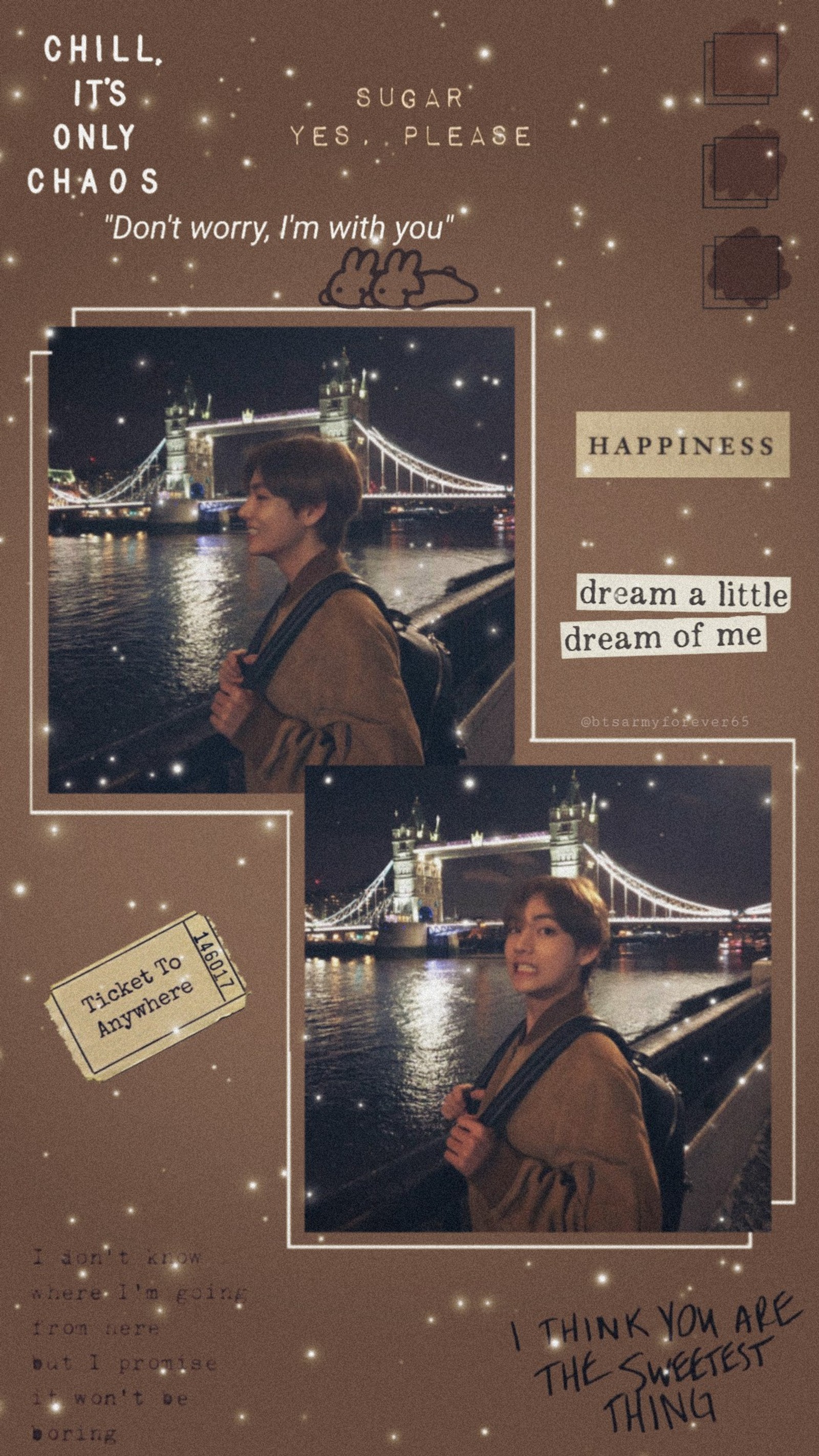 Un collage d'un homme et d'une femme sur un pont (marron, bts, kpop, musique, taehyung)