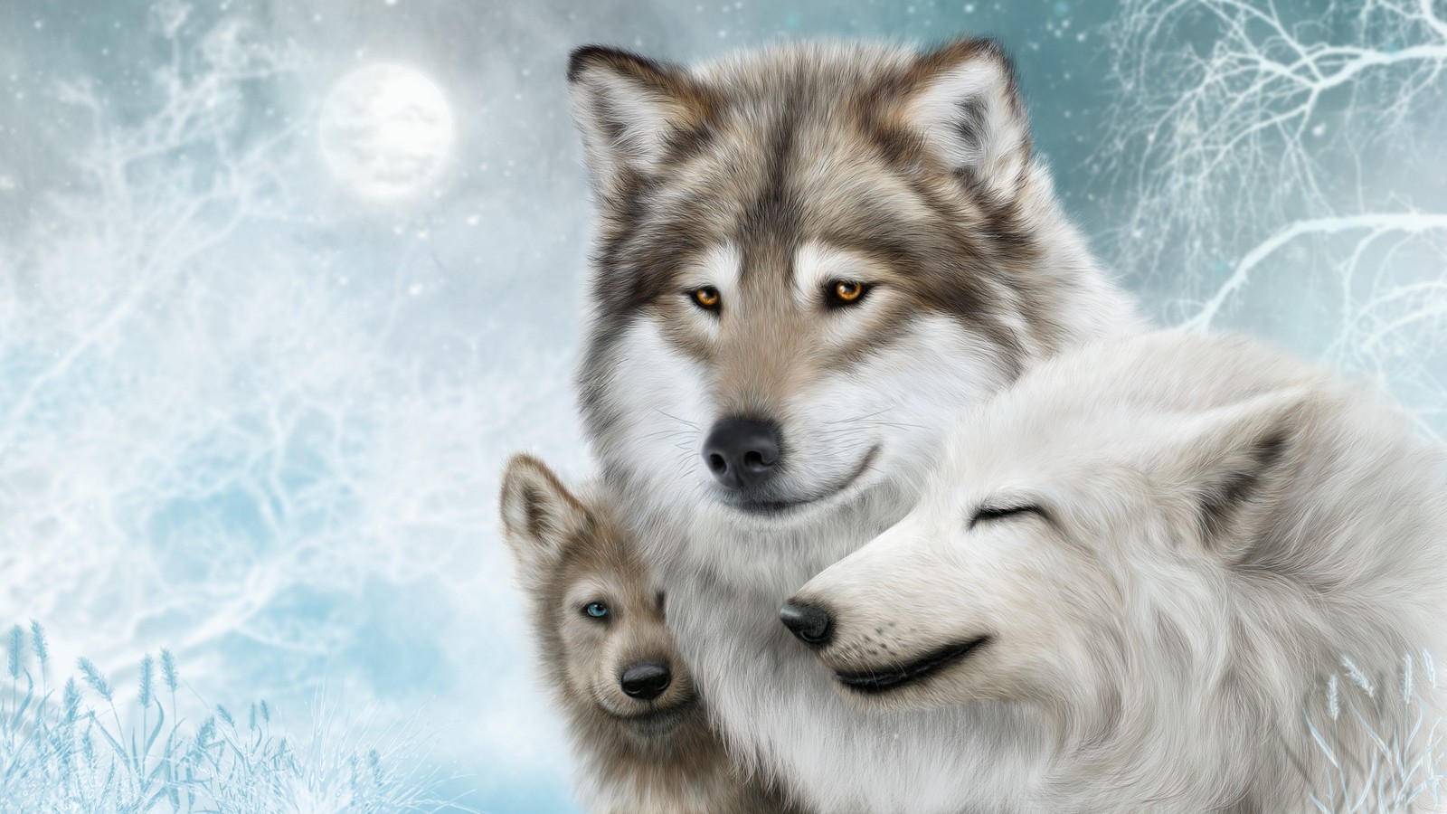 Duas lobas brancas estão em pé na neve com a lua cheia (caçador, super, lobo, lobos)