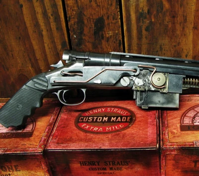 Pistola inspirada no steampunk em caixas vintage