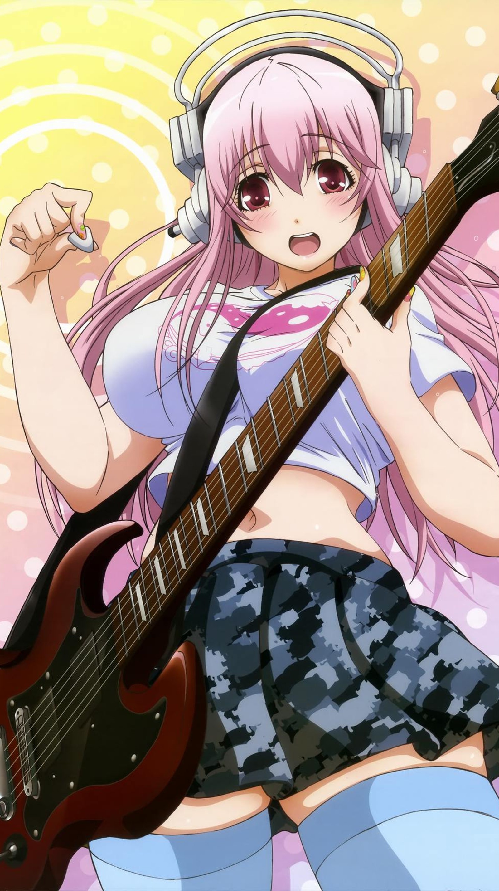 Chica de anime con auriculares sosteniendo una guitarra y usando auriculares (niña, rosa, soni, súper)