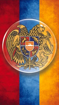 Armenisches Wappen auf einem Trikolore-Hintergrund