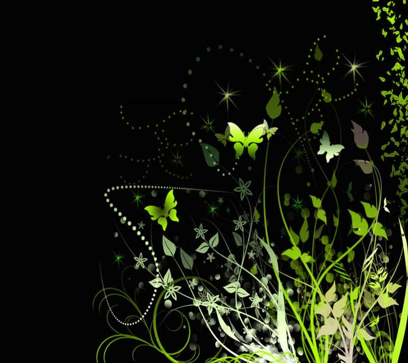 There is a black background with a green and white design (butterflies, wallpaper)