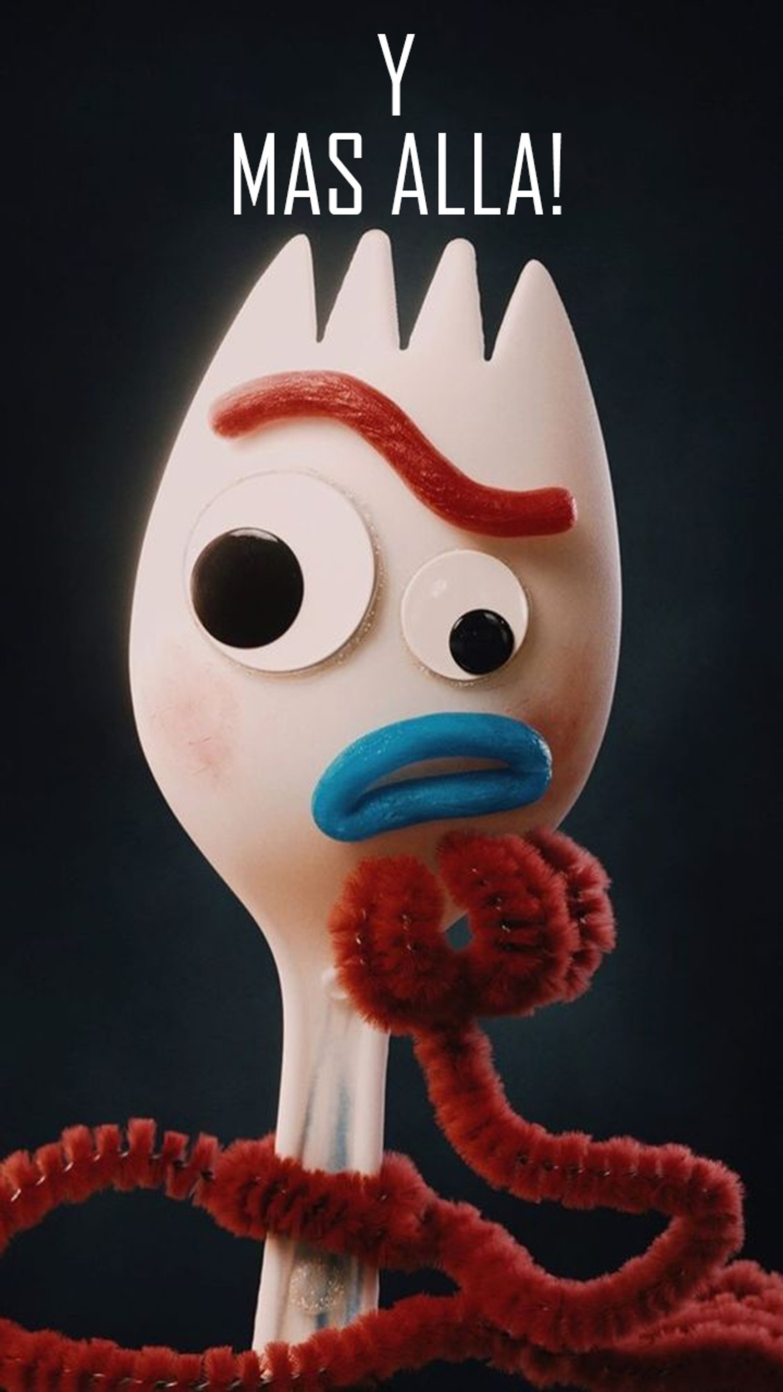 There is a fork with a red string on it and a blue nose (buzz, buzz ligthyear, forky, toy story, toy story 4)