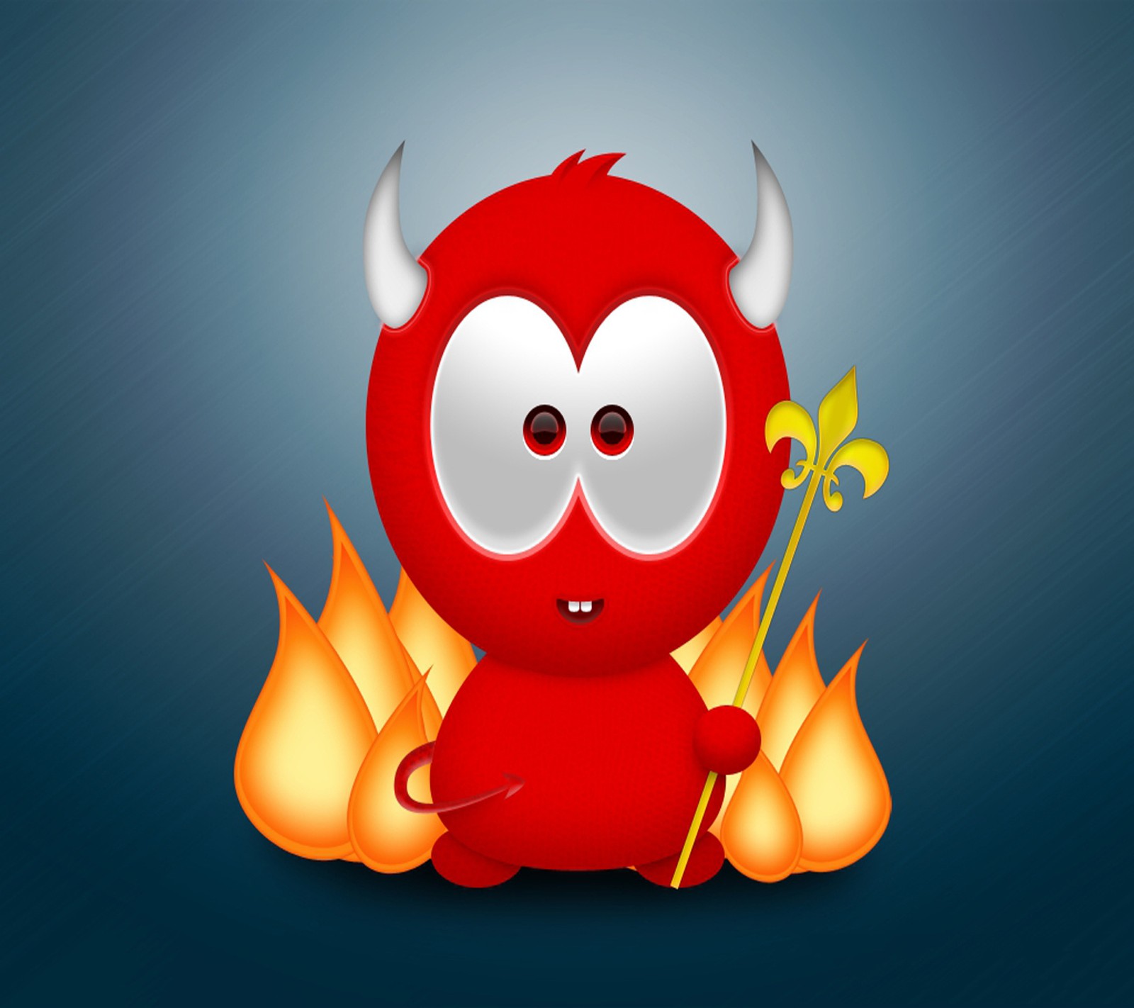 Cartoon devil with horns and horns sitting in front of flames (funny, wallpaper)