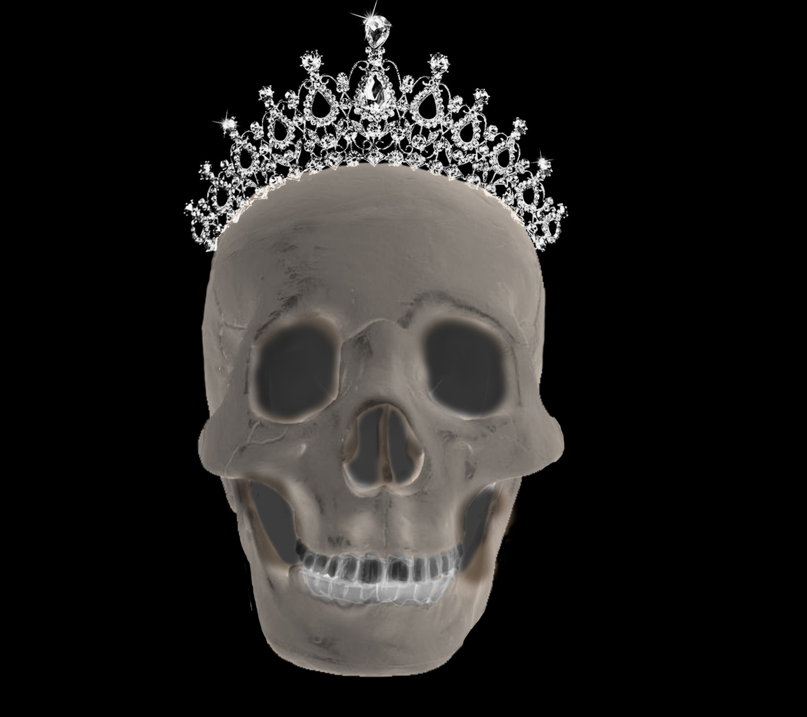 A close up of a skull with a tiara on its head (3d, bones, death, emo, goth)