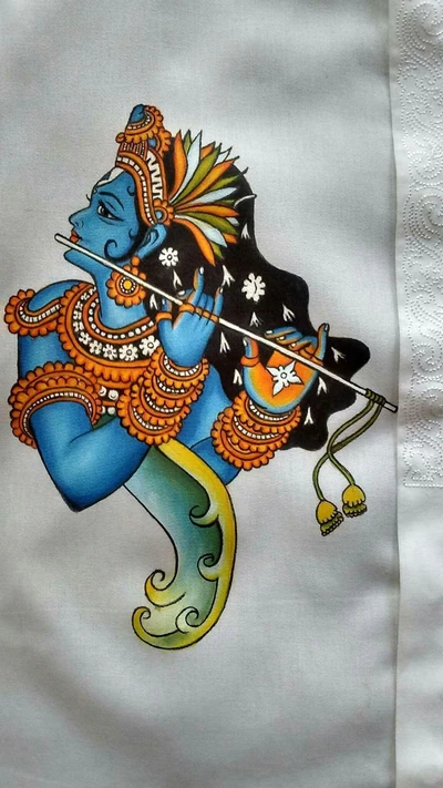 Lebendiges Porträt von Lord Krishna mit Flöte und prächtiger Kleidung