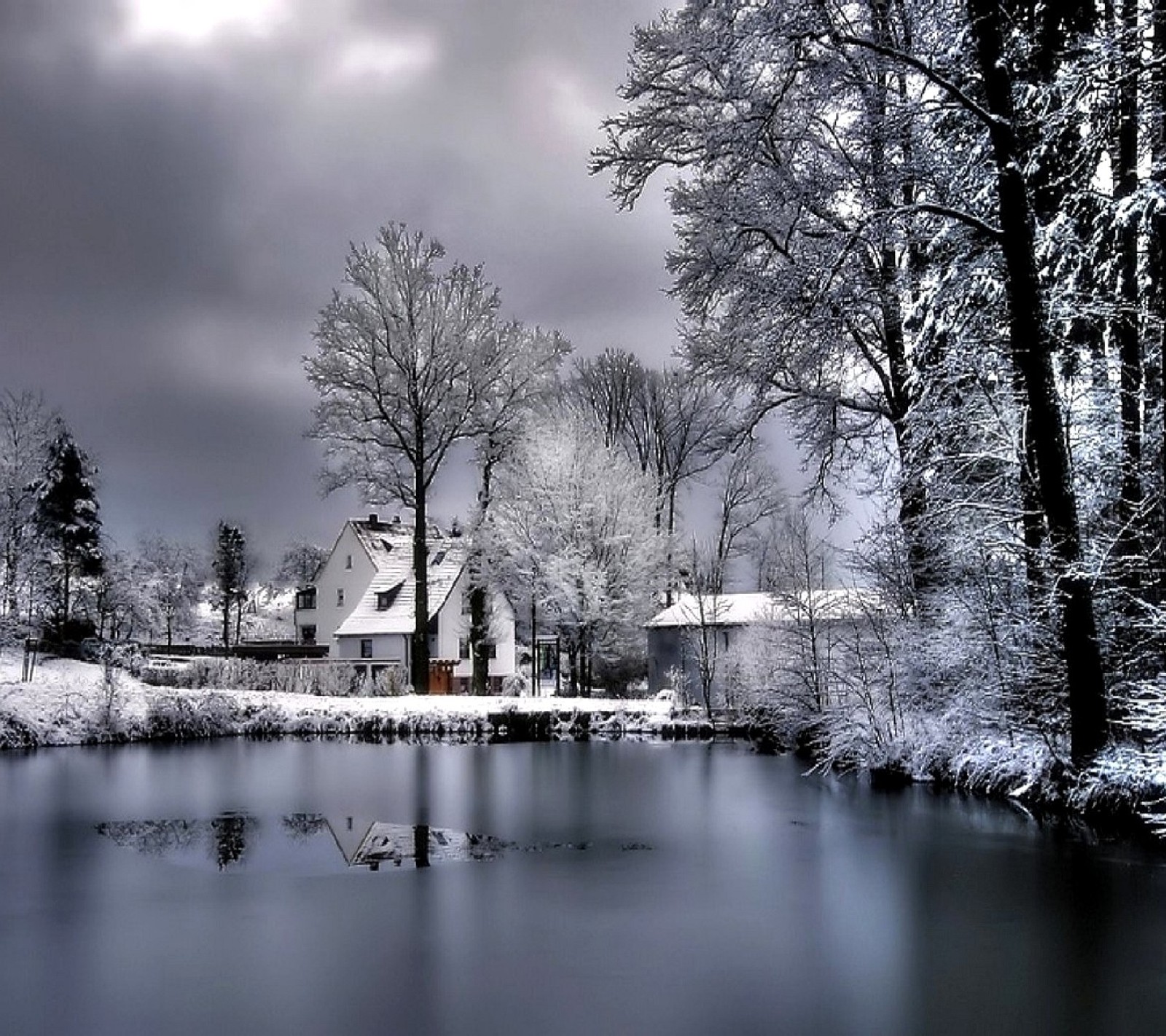 Cena nevada de uma casa e um lago em uma floresta (natureza)