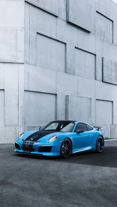 Dynamic Blue Carrera Porsche Against a Modern Gray Backdrop