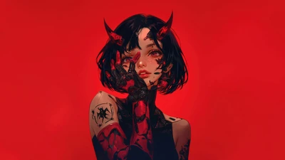 Chica Demonio con Ojos Rojos y Cuernos en un Fondo Carmesí