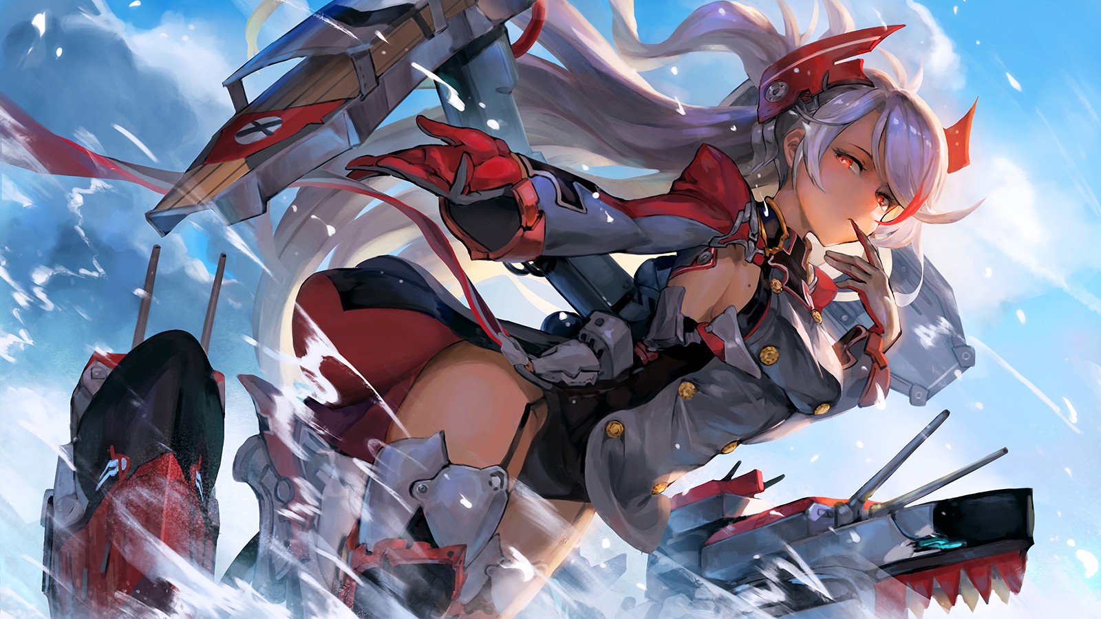 A woman in a red and black outfit riding a horse (anime girls, azur lane, video game, prinz eugen, anime)