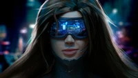 Garota cyberpunk futurista com visor de alta tecnologia