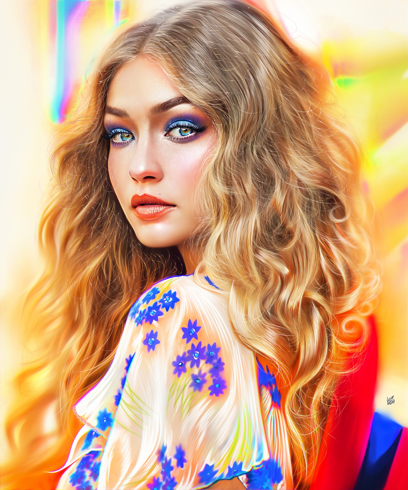 Arafed portrait of a woman with long blonde hair and blue eyes (gigi hadid, artwork, american model, portrait, paint)