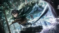 Levi Ackerman en acción entre los árboles - Ataque a los titanes