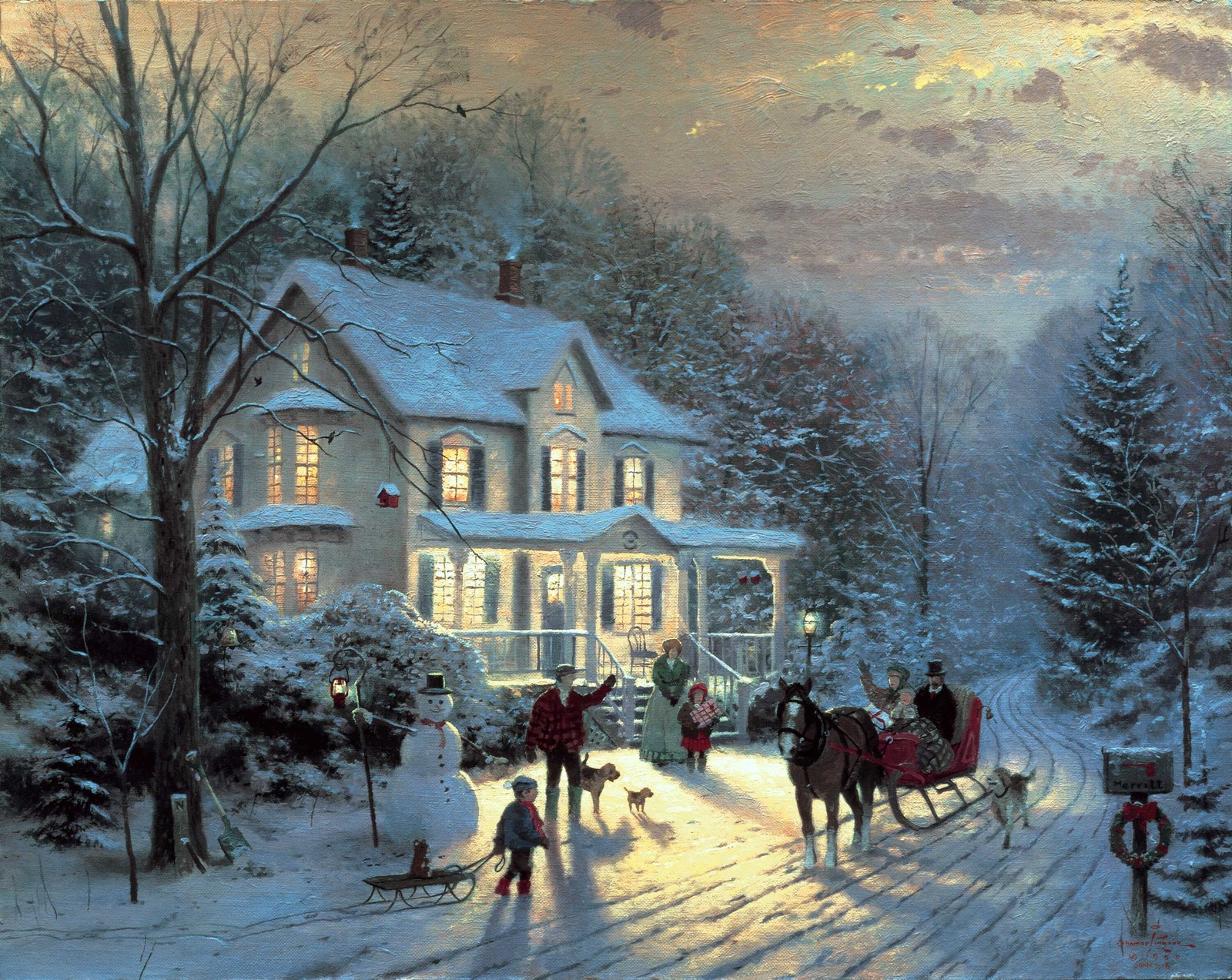 Painting of a christmas scene with a horse drawn carriage and people (painting, art, winter, snow, tree)