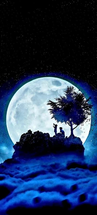 Silhouetted Figures Beneath a Full Moon Overlooking a Dreamy Landscape