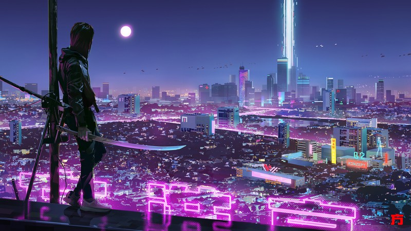 Женщина стоит на краю, смотря на город ночью (киберпанк, cyberpunk 2077, киберпанк 2020, cyberpunk 2020, башня)