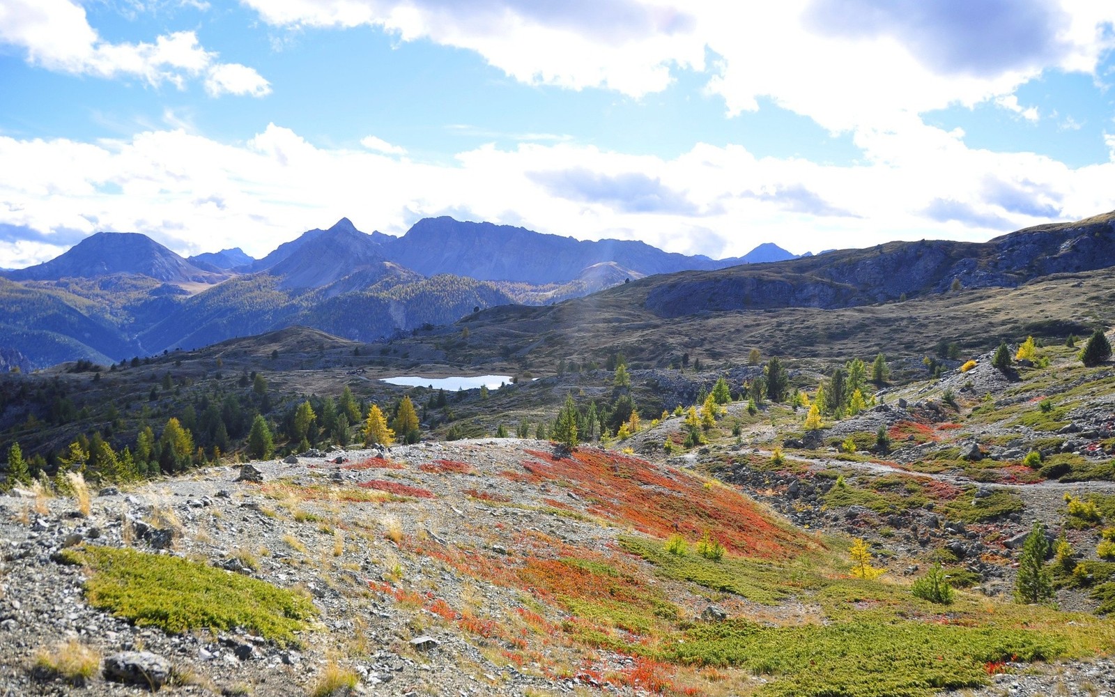 Montagnes avec un lac et quelques arbres au premier plan (nature, formes montagneuses, hauts plateaux, sauvage, crête)