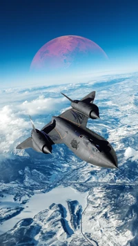 SR-71 Blackbird surcando un horizonte nevado con un cielo marciano