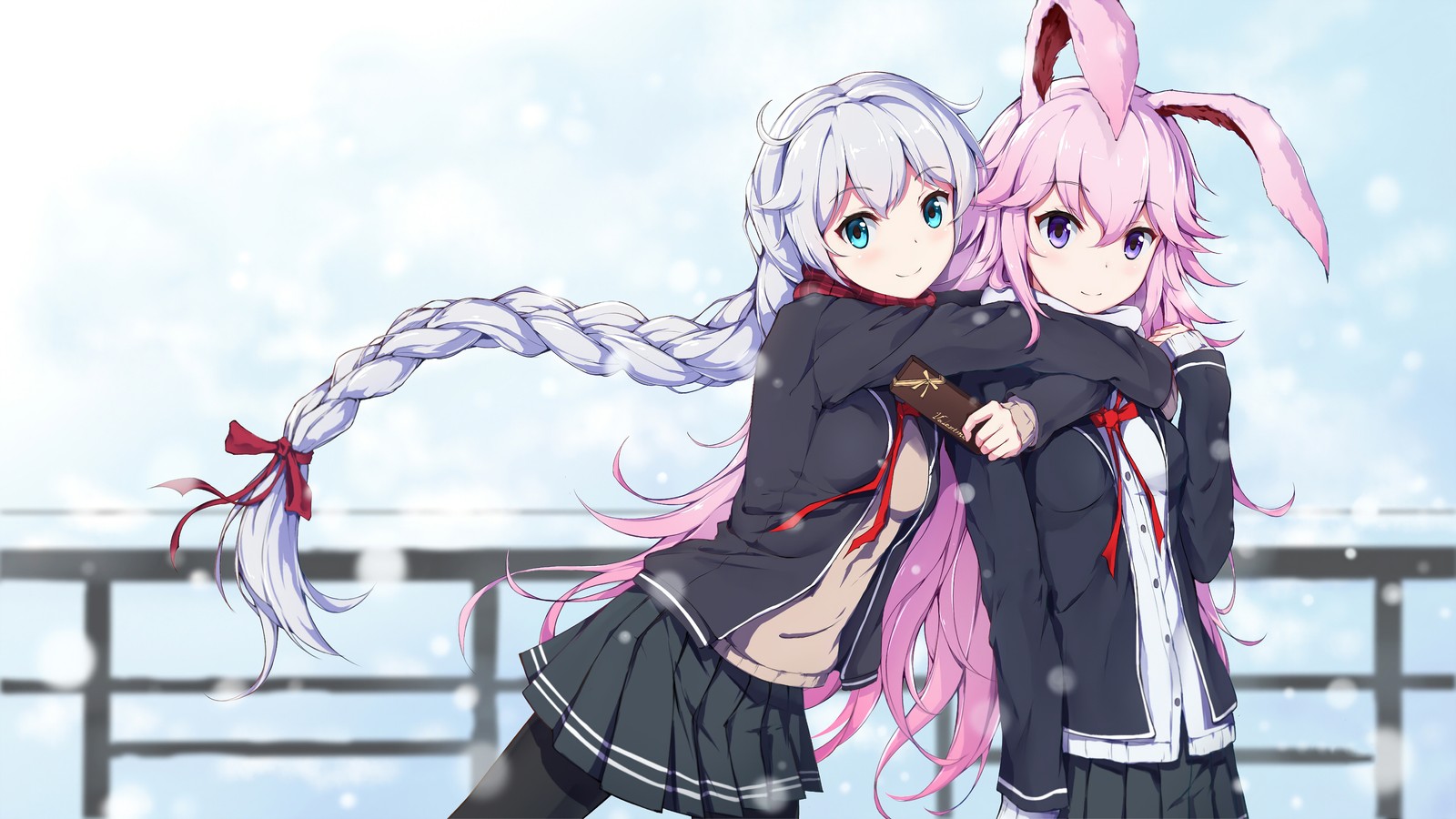 Deux filles anime s'enlaçant devant un ciel enneigé (anime, mignon, filles décole, filles danime, kiana kaslana)