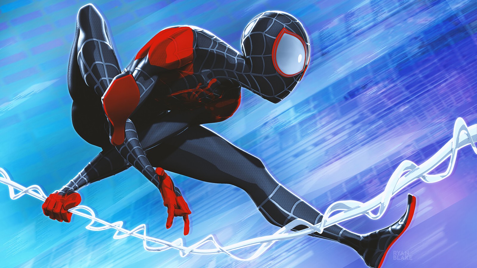 Un homme araignée en costume noir volant dans les airs (miles morales, spider man new generation, spider man into the spider verse, film, bandes dessinées)