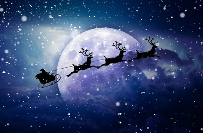 Santa Claus in a Chariot of Reindeer Against a Majestic Moonlit Sky