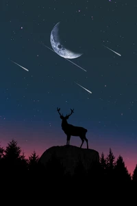 Silhouette d'un cerf contre un ciel nocturne éclairé par la lune, avec des constellations et des étoiles filantes au-dessus d'un paysage forestier.